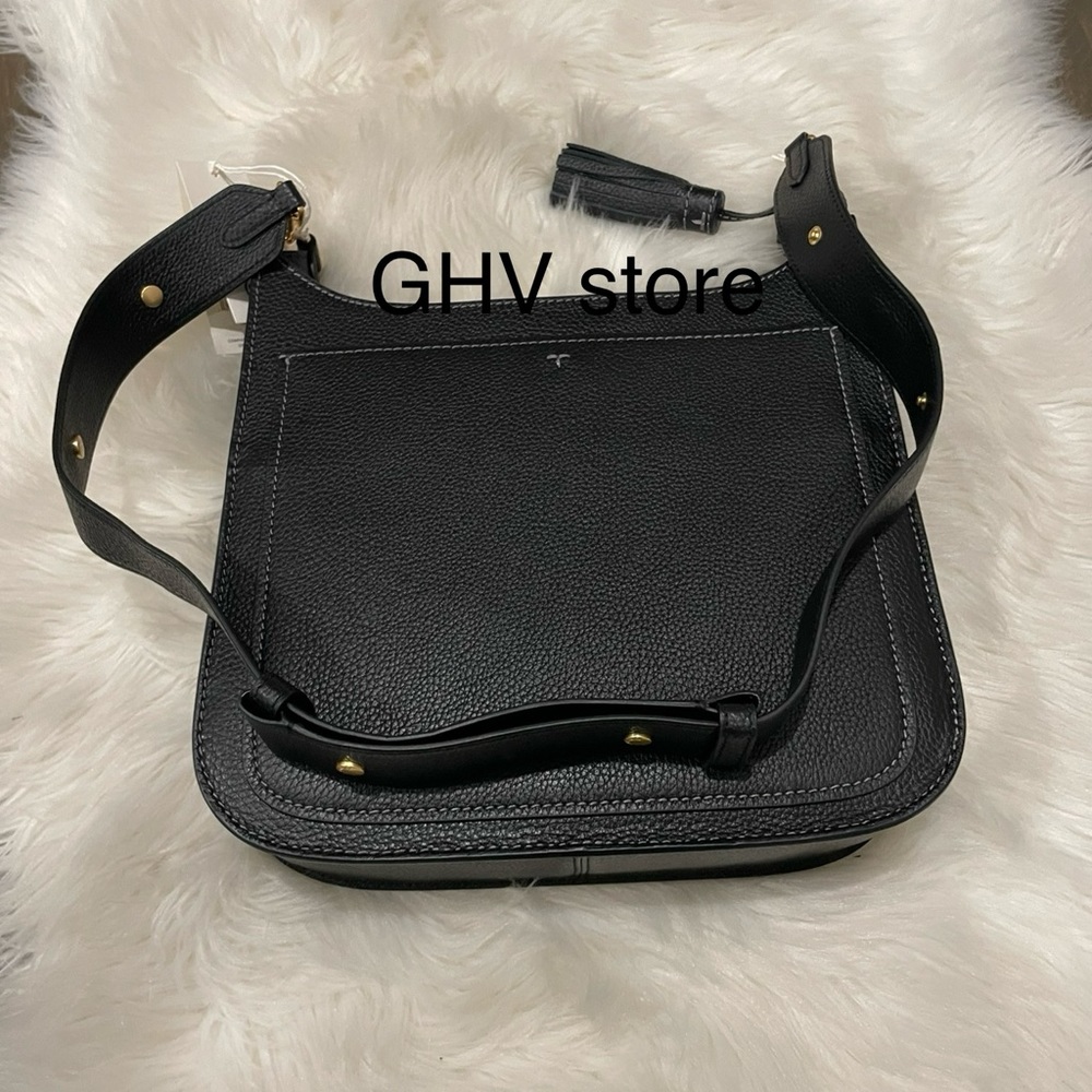 Tory Burch Black Pebbled Leather Hobo Crossbody with Tassel - Picture 2 of 8